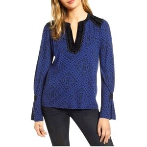 Lucky Brand Royal blue and black print long bell sleeve top Size Medium